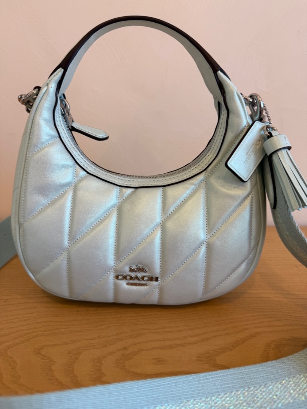 Coach Light Blue Quilted Leather Crossbody Bag with Tassel